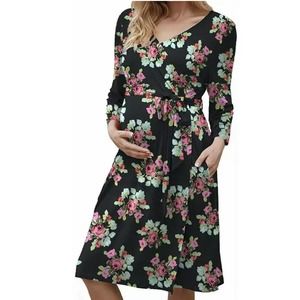 Ahlaray Women's Maternity Tie Waist Robe Nursing Nightgown Black Floral.  0176